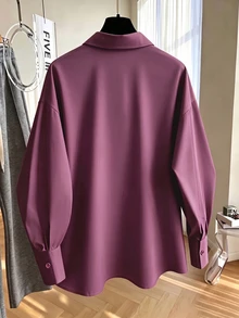 GlowEve CURVE 女款純色休閒寬鬆長袖襯衫，適合日常休閒、通勤與辦公穿著，優雅大方女式襯衫，女款工作上衣，白色工作襯衫 - 淺灰紫 - 查看 2