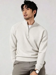 Manfinity Homme 男士極簡百搭羅紋長袖針織衫 日常穿著 老錢風情侶套裝 - 米色 - 查看 4