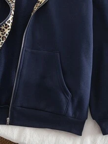 SHEIN 青少年女孩海軍藍休閒運動衫，秋季拉鍊連帽外套，冬季極簡寬鬆連帽衫 - 藍色 - 查看 6