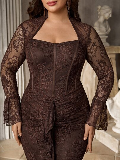 Aureia Vestido de Noche Elegante Romántico Lujoso Talla Grande Color Café con Encaje Cuello Asimétrico Manga Acampanada Superposición de Volantes Asimétricos Ajustado con Bajo de Sirena para Fiesta Cita Baile Vacaciones Boda Evento