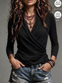 LUMIGAL Women's Brown Cross Waist Versatile Knit Top - Black - View 1