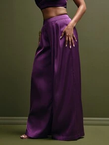 Vixey Women's Solid Color Pleated Wide Leg Loose Elegant Satin Long Pants, Event Dressing, Going Out Outfit, Holiday - Purple - View 4