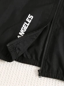 SHEIN 男嬰加厚工裝風黑色立領夾克長袖運動衫與黑色慢跑褲套裝，舒適百搭休閒時尚日常運動簡約百搭風，適合秋冬室內、戶外滑雪、日常、運動、派對、攝影 - 黑色 - 查看 3