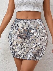 BamGleam Women's All-Season Sexy Glamorous Party Sequin Bodycon Silver Skirt - Silver - View 3