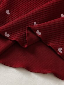SHEIN Young Girl 紅色羅紋高領兩件套 2pcs 套裝 高領長袖不對稱上衣配紅色人造毛領袖口，搭配羅紋喇叭褲 - 酒紅色 - 查看 5