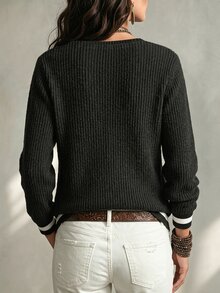 SHEIN LUNE 女款拼色V領長袖休閒百搭運動衫 - 黑色 - 查看 2