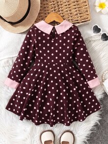 SHEIN Elladie kids 女童秋冬波點印花對比色彼得潘領長袖A字洋裝 - 彩色 - 查看 3