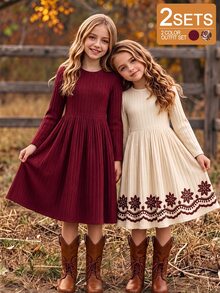 SHEIN Vintaside Kids 青少年女孩 2件組純色棕色與米色喇叭裙，優雅對比羅紋上衣刺繡公主洋裝，感恩節秋季穿著 - 彩色 - 查看 3