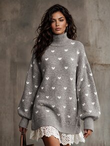 LUMIGAL Women's Half-High Neck All-Over Heart Print Ribbed Cuff Petal Sleeve Patchwork Hollow Lace Hem Sweater - Multicolor - View 5