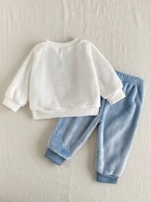 SHEIN Playful Pals 2件組男嬰幼兒運動衫慢跑褲套裝，可愛甜美藍白恐龍咆哮毛絨圖案，長袖圓領絨毛款，適合戶外冬季穿著 - 藍色 - 查看 2