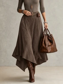 SHEIN Women's Solid Color Pleated Casual Versatile Daily Wear Skirt - Brown - View 4