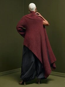 Vixey Women's High Neck Asymmetrical Cape Knit Sweater, Loose Design Shawl-Style Pullover, Autumn/Winter - Burgundy - View 2