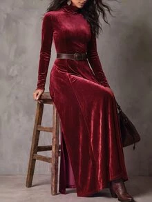 LUMIGAL 女款圓領收腰開衩下擺酒紅色仿麂皮波希米亞風洋裝，優雅通勤風，適合秋季與聖誕晚餐之夜 - 酒紅色 - 查看 6