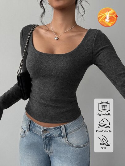 SHEIN BASICS Women's Casual Minimalist Long Sleeve T-Shirt For Daily Wear