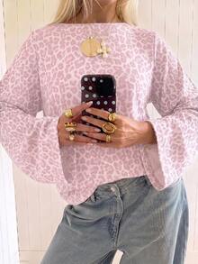 SHEIN EZwear 海外長袖水洗粉色豹紋上衣，秋季襯衫，適合日常通勤、聚會、秋冬/夏季、聖誕節、新年、感恩節、派對、婚禮、海灘、畢業典禮、優雅、外出、約會、通勤、情人節、優雅、度假、Y2K、畢業典禮等場合 - 彩色 - 查看 6