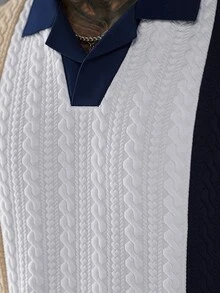 Manfinity Homme 男士紋理撞色短袖休閒通勤 Polo 衫 - 藏蓝色 - 查看 4