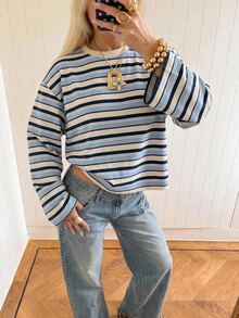 SHEIN EZwear 女款街頭風條紋拼接休閒T恤 - 藍色 - 查看 3