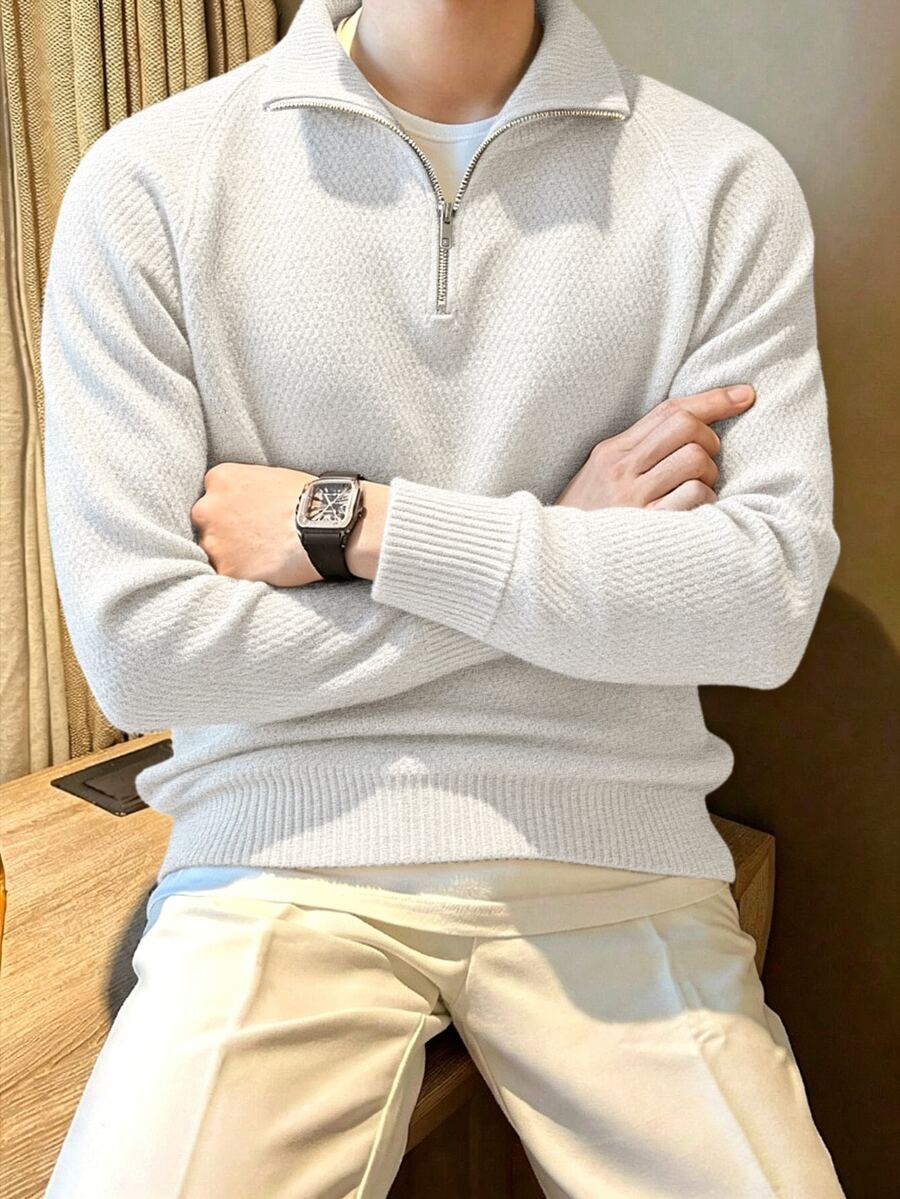 Manfinity Homme 男士極簡百搭羅紋長袖針織衫 日常穿著 老錢風情侶套裝 - 米色 - 查看 1