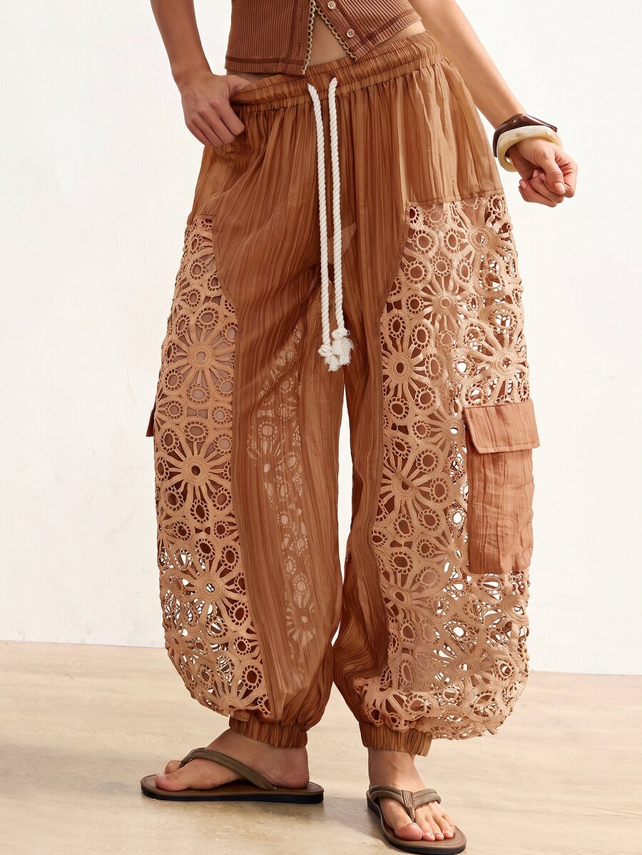 Bohemela Casual Woven Patchwork Loose Fit Women's Long Pants - Brown - View 1