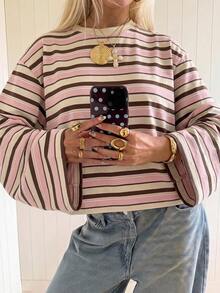 SHEIN EZwear Women's Striped Casual Daily Wear T-Shirt - Pink - View 1