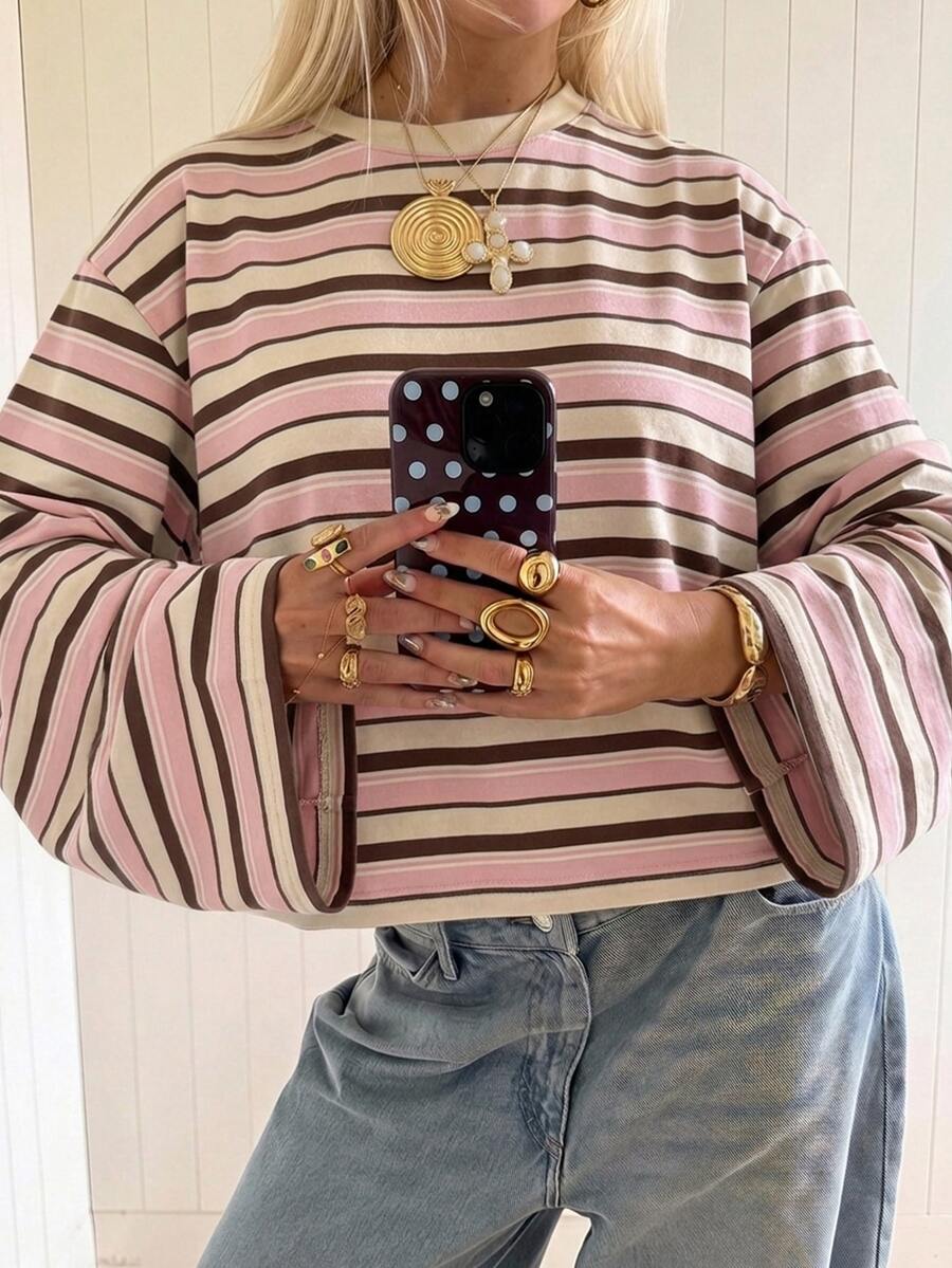 SHEIN EZwear Women's Striped Casual Daily Wear T-Shirt - Pink - View 1