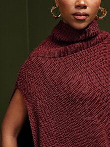 Vixey Women's High Neck Asymmetrical Cape Knit Sweater, Loose Design Shawl-Style Pullover, Autumn/Winter - Burgundy - View 5