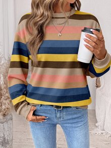 SHEIN LUNE 女款條紋拼色休閒日常長袖衛衣 - 白色 - 查看 5