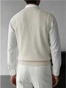 Manfinity Homme 男士騎士刺繡V領百搭針織背心，Ins風，華麗派對，街頭成熟，寬鬆版型白色針織背心，秋季，正式，老錢風 - 彩色 - 查看 2