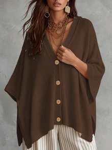 Linhara CURVE Plus Size Women Solid Color Knit Shawl Cardigan V-Neck Metal Button Suitable For Daily Casual Office Vacation Plus Size Women Cardigan - Coffee Brown - View 3