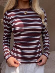 CovetEZ 女款條紋圓領長袖休閒百搭T恤 - 酒紅色 - 查看 6