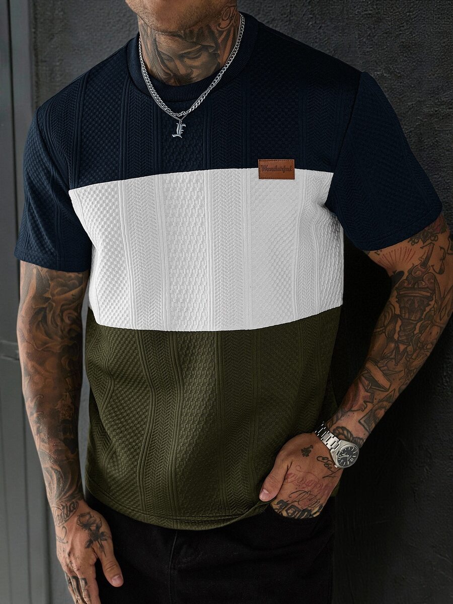 Manfinity Homme Men's Letter Print Contrast Color Crew Neck Short Sleeve Casual T-Shirt - Navy Blue - View 1