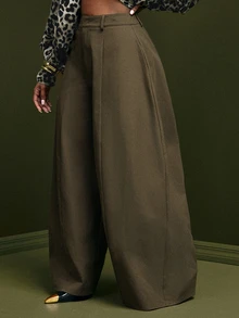 Vixey Women's Solid Color High Waist Curved Leg Wide Leg Loose Long Pants, Event Dressing, Going Out Outfit, Holiday - Army Green - View 4
