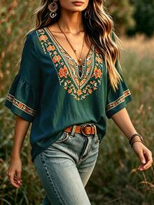 Linhara CURVE 女款波希米亞風數位印花寬鬆休閒V領蝙蝠袖上衣，適合外出與度假 - 墨綠色 - 查看 4