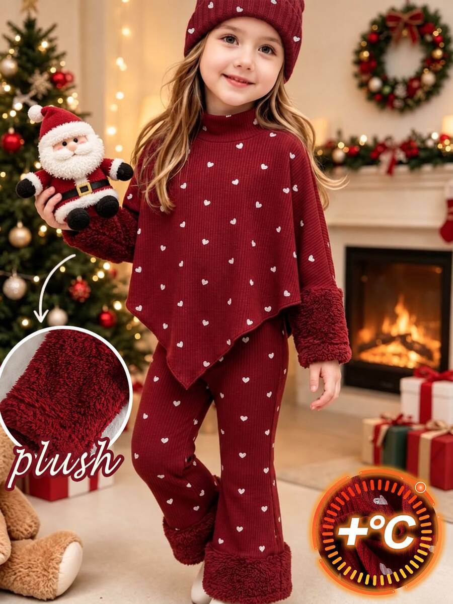 SHEIN Young Girl 紅色羅紋高領兩件套 2pcs 套裝 高領長袖不對稱上衣配紅色人造毛領袖口,搭配羅紋喇叭褲 - 酒紅色 - 查看 1