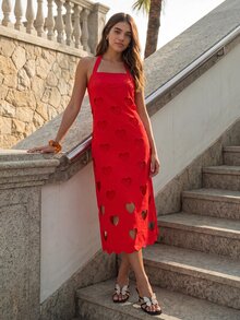 CAJUNI Heart Shape Red Midi Dress Casual Chic Elegant Summer Special Valentines Day - Red - View 5