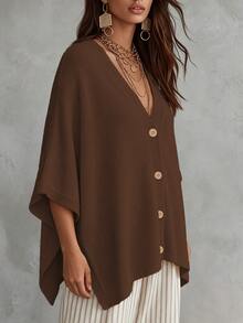 Linhara CURVE Plus Size Women Solid Color Knit Shawl Cardigan V-Neck Metal Button Suitable For Daily Casual Office Vacation Plus Size Women Cardigan - Coffee Brown - View 5