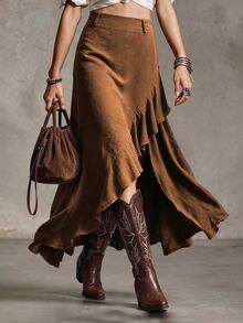 LUMIGAL Women's Elegant Street Style Ruffle Hem Slit Skirt - Grey - View 8
