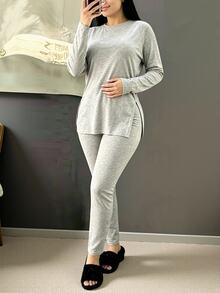 INAWLY Solva Women's Solid Color Long Sleeve Top And Pants Casual Daily 2 Pieces Set - Light Grey - View 4