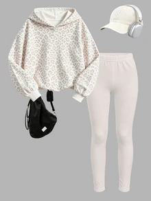 1 Set Tween Girl Autumn/Winter 2 Pieces Outfit, Light-Colored All-Over Leopard Print Drop Shoulder Hooded Sweatshirt + Cream White Solid Color Skinny Leggings, Comfortable Casual Daily Wear For Tween Girls - Multicolor - View 5