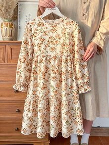 SHEIN Vintaside Kids 青少年女孩長袖碎花洋裝 秋季小復古波西米亞風 家庭套裝鄉村風圓領喇叭裙 感恩節 粉色假期 - 彩色 - 查看 4