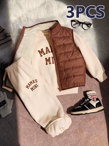 SHEIN 3件組男孩秋冬休閒圓領長袖套頭運動衫、長褲、厚抓絨背心，男孩秋冬套裝，外套套裝，運動套裝 - 彩色 - 查看 3