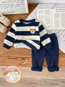 SHEIN Vintaside Kids 2件組幼兒男童衛衣長褲套裝，可愛學院風海軍藍配色，熊貼布條紋毛絨長袖圓領加厚冬季休閒連身衣，羅紋收邊 - 藍色 - 查看 3