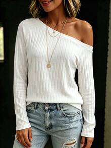 SHEIN LUNE Women's Autumn/Winter New Best-Selling Asymmetrical Shoulder Design Traceable Cotton Soft Ribbed Knit Casual Versatile T-Shirt - White - View 4