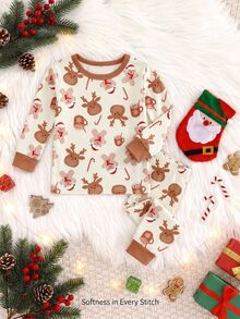Baby Boy Classic Long Sleeve & Long Pants Snug Fit Set, Classic Christmas Element Pattern Print, Cute Christmas Deer Pattern Print, Classic Christmas Candy Pattern Print, Classic Christmas Gingerbread Man Pattern Print, Christmas Snowman Pattern Print, Suitable For Autumn/Winter, Suitable For Christmas - Multicolor - View 2