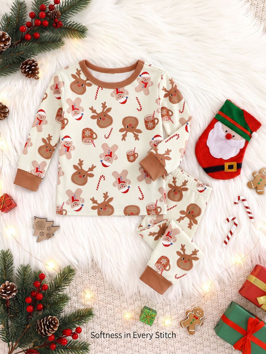 Baby Boy Classic Long Sleeve & Long Pants Snug Fit Set, Classic Christmas Element Pattern Print, Cute Christmas Deer Pattern Print, Classic Christmas Candy Pattern Print, Classic Christmas Gingerbread Man Pattern Print, Christmas Snowman Pattern Print, Suitable For Autumn/Winter, Suitable For Christmas - Multicolor - View 1