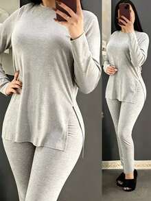 INAWLY Solva Women's Solid Color Long Sleeve Top And Pants Casual Daily 2 Pieces Set - Light Grey - View 1
