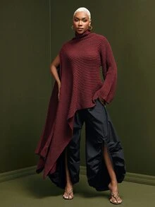 Vixey Women's High Neck Asymmetrical Cape Knit Sweater, Loose Design Shawl-Style Pullover, Autumn/Winter - Burgundy - View 3