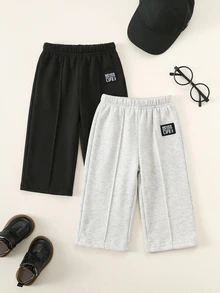 SHEIN 2件裝嬰兒男童女童灰色黑色秋冬加厚抓絨寬鬆寬腿褲，對比色腰部抽繩，百搭韓風，適合上學與外出 - 彩色 - 查看 3