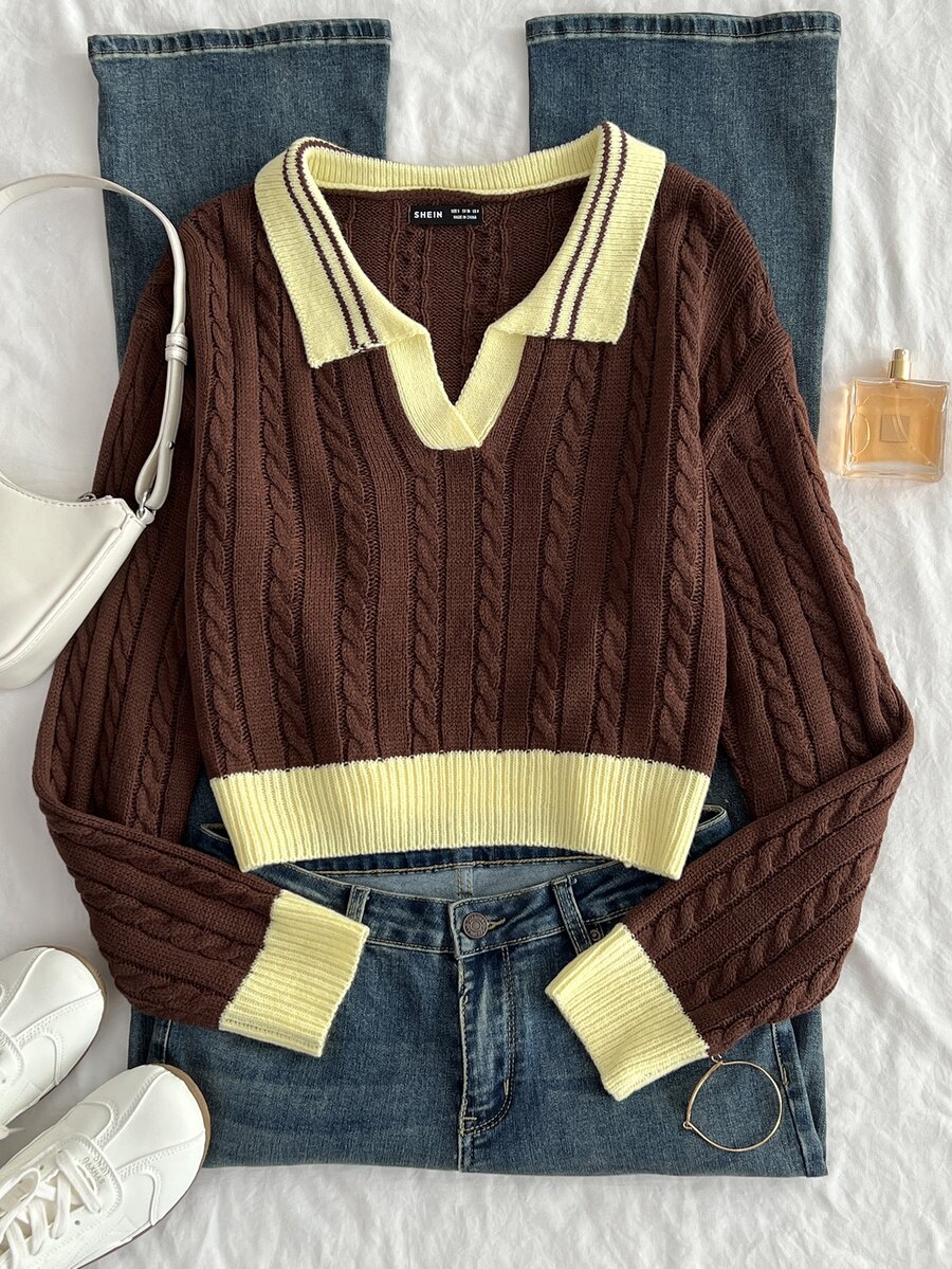 Dulcita Contrast Color Polo Collar Cable Knit Women's Sweater - Multicolor - View 1