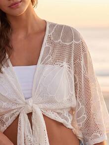 CAJUNI Women's Shell Pattern Hollow Out Casual Vacation Cover-Up Blouse Summer Resort - White - View 4